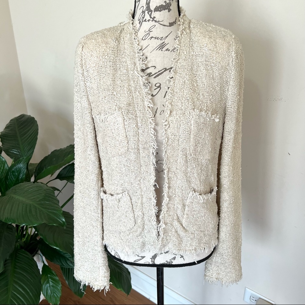 L’AGENCE Cream Raw Hem Fringe Tweed Jacket Sz 8